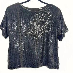 Vintage Womens Sequin Top Size Large Black 100% Silk No Brand